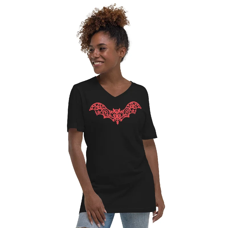 Gothic Wrought Iron Style Vine Bat Women’s Short Sleeve V-Neck T-Shirt Red Print