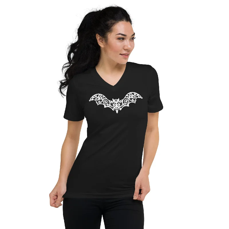 Gothic Wrought Iron Style Vine Bat Women’s Short Sleeve V-Neck T-Shirt White Print