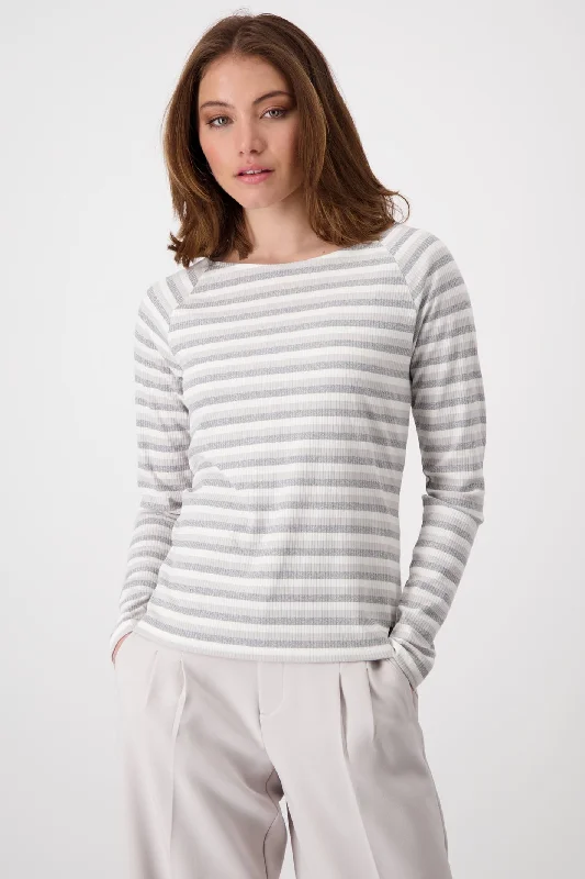 Monari 808147 Moon Grey Striped Basic Round Neck T-Shirt