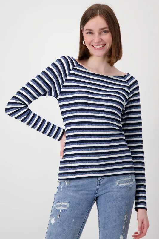 Monari 808147 Moonlight Blue Striped Basic Round Neck T-Shirt