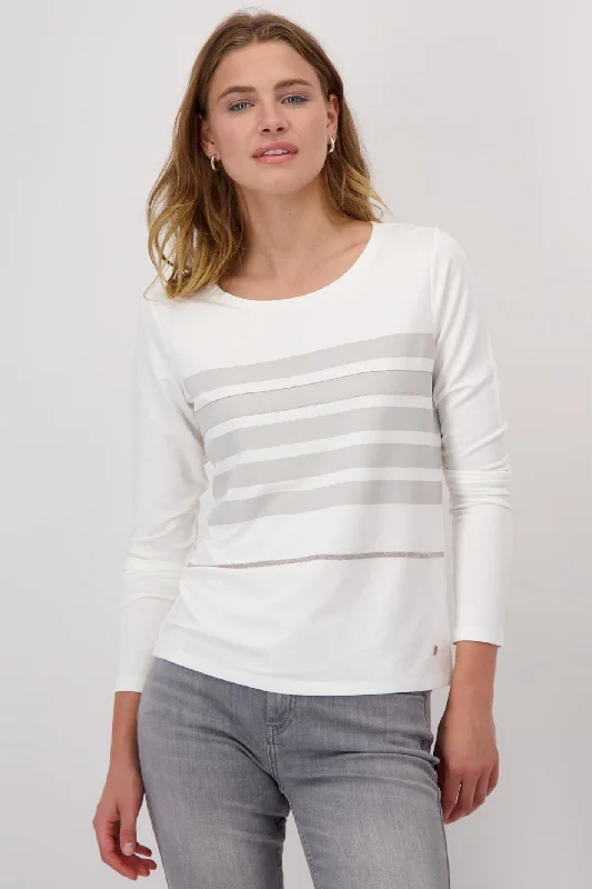 Monari 808527 Off-White Grey Stripe Long Sleeve T-Shirt