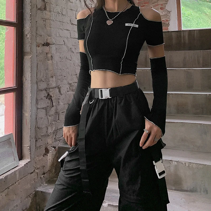 Patchwork Black T-shirts Gothic One Shoulder Sleeve Y2k Crop Tops