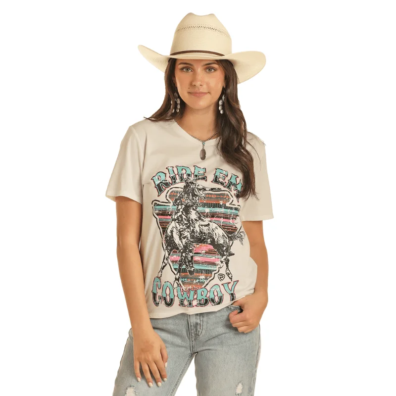Rock & Roll Cowgirl Women's Ride Em' Cowboy Graphic Tee BW21T04005 Front Pockets Side Pockets Patch Pockets Rock & Roll Cowgirl Women's Ride Em' Cowboy Graphic Tee BW21T04005 Front Pockets Side Pockets Patch Pockets
