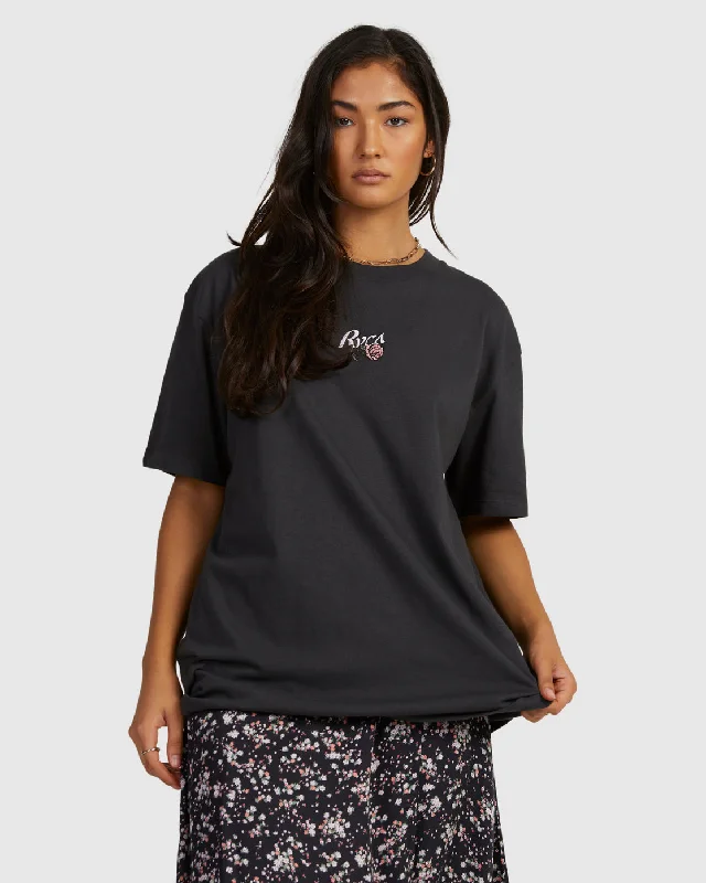 RVCA Womens Roses Only Relaxed T-Shirt - Washed Black Collared Crew Neck Turtle Neck RVCA Womens Roses Only Relaxed T-Shirt - Washed Black Collared Crew Neck Turtle Neck