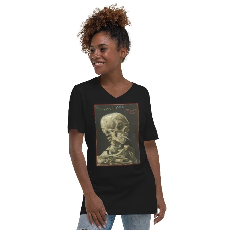 Skull of a Skeleton with Burning Cigarette Vincent Van Gogh Women’s Short Sleeve V-Neck T-Shirt