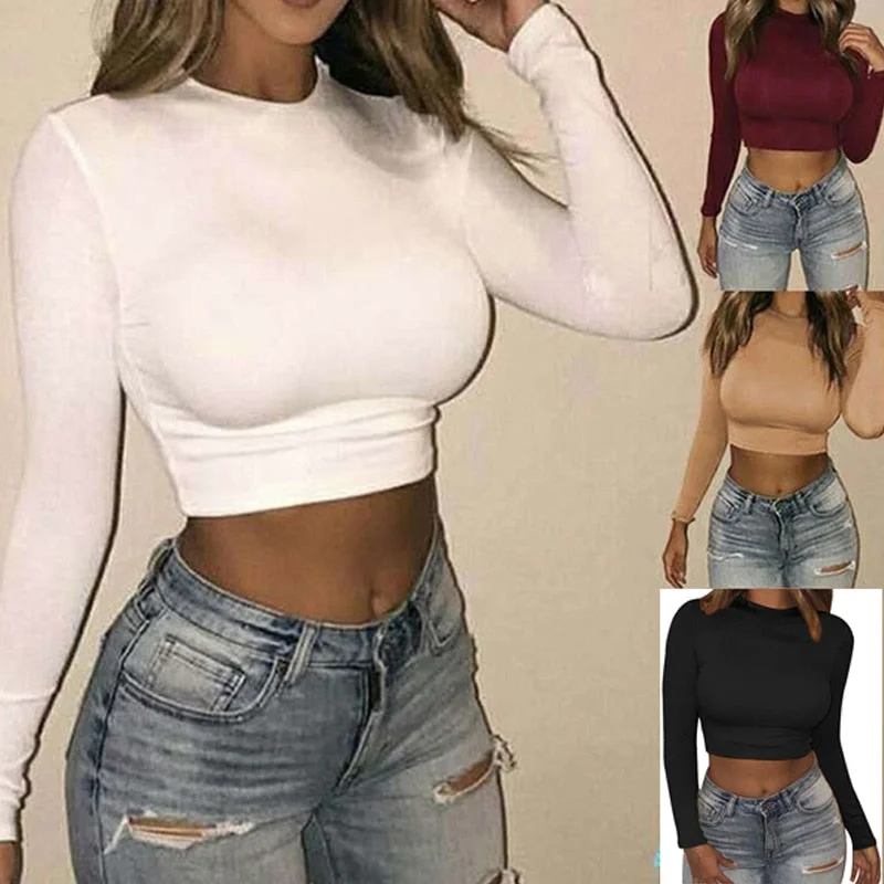 Women Sexy Bodycon T-shirts Autunmn Women Long Sleeve O-neck Crop Top