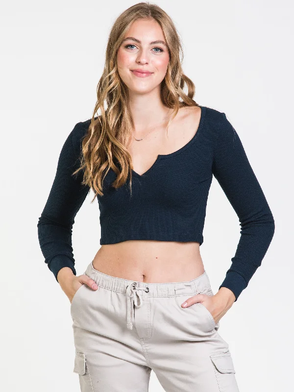 HARLOW KYLIE LONG SLEEVE NOTCH TEE - CLEARANCE Embroidered Appliqued Beaded