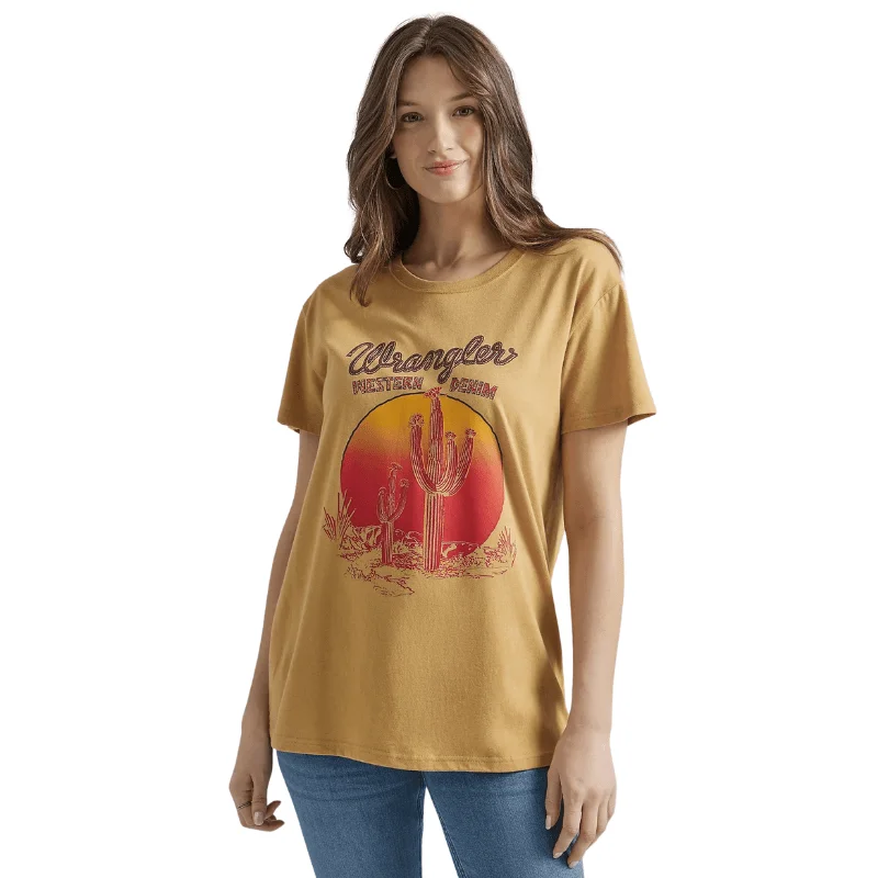 Wrangler Women's Pale Gold Short Sleeve Western Graphic T-Shirt 112347503 Thin T-Shirt Open Front Quick Dry