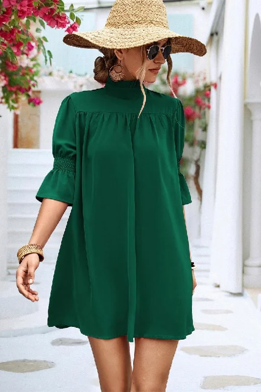 RUFFLE SLEEVE HIGH NECK WOMEN DAILY DRESS