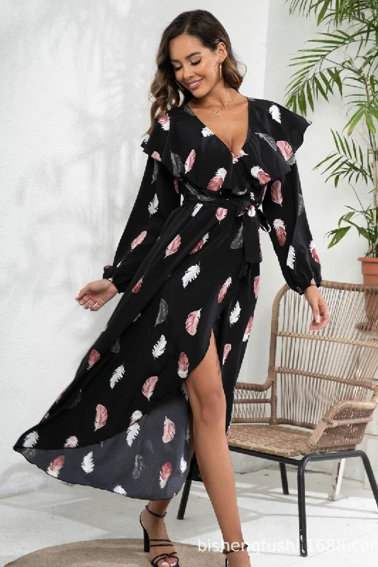 WOMEN LOTUS COLLAR PLUME PRINTED SLIT DRESS