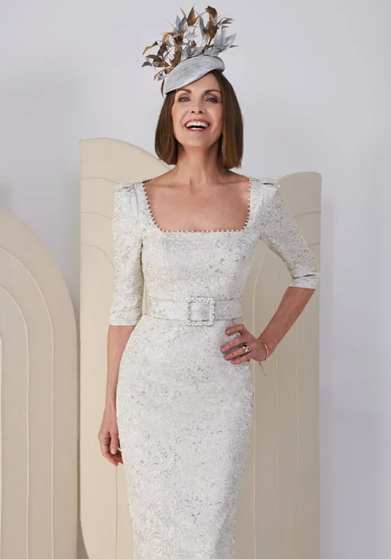 John Charles Square Neck Belted Dress, Silver