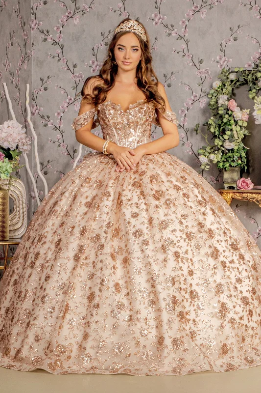 Long Metallic 3D Flower Quinceanera Ball Gown