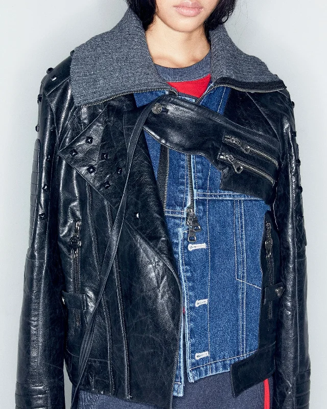 ADSB X OTTOLINGER DENIM FAUX LEATHER JACKET awa668w(BLACK) Appliqued Jacket Beaded Jacket Sequined Jacket ADSB X OTTOLINGER DENIM FAUX LEATHER JACKET awa668w(BLACK) Appliqued Jacket Beaded Jacket Sequined Jacket