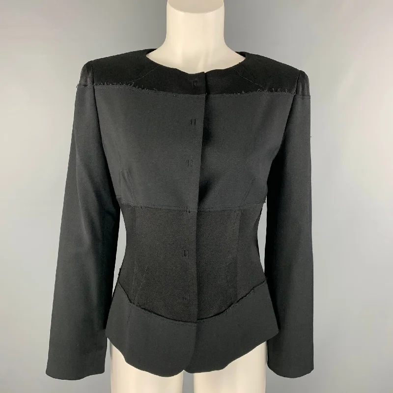 ALBERTA FERRETTI Size 8 Black Rayon Blend Hidden Snaps Jacket Notch Collar Peter Pan Collar Cowl Neck ALBERTA FERRETTI Size 8 Black Rayon Blend Hidden Snaps Jacket Notch Collar Peter Pan Collar Cowl Neck