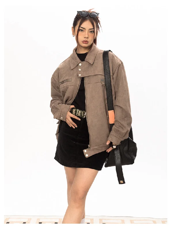 American Retro Suede Jacket Zippered Front Buttoned Front Snap Front