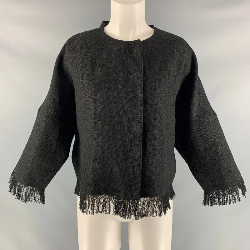 ANDREW GN Size 4 Black Linen Fringe Hidden Snaps Jacket Mesh Jacket Canvas Jacket Denim Jacket ANDREW GN Size 4 Black Linen Fringe Hidden Snaps Jacket Mesh Jacket Canvas Jacket Denim Jacket