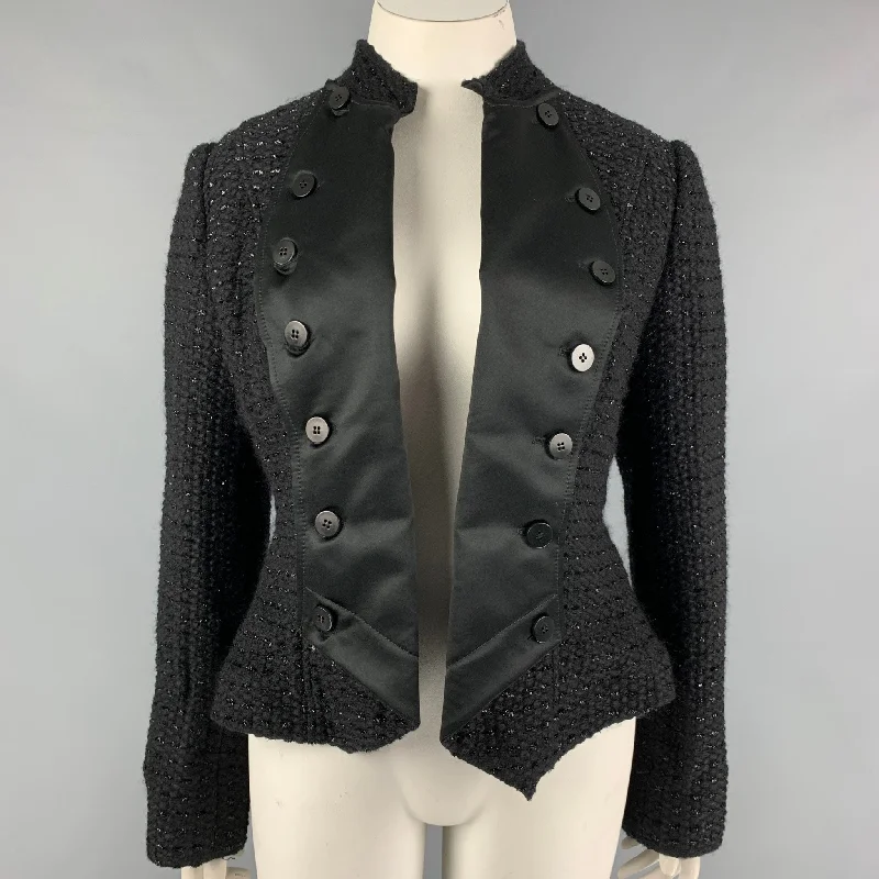 ARMANI COLLEZIONI Size 12 Black Wool Blend Tweed Jacket Stand-Up Collar Roll-Neck Collar Turtle Neck ARMANI COLLEZIONI Size 12 Black Wool Blend Tweed Jacket Stand-Up Collar Roll-Neck Collar Turtle Neck