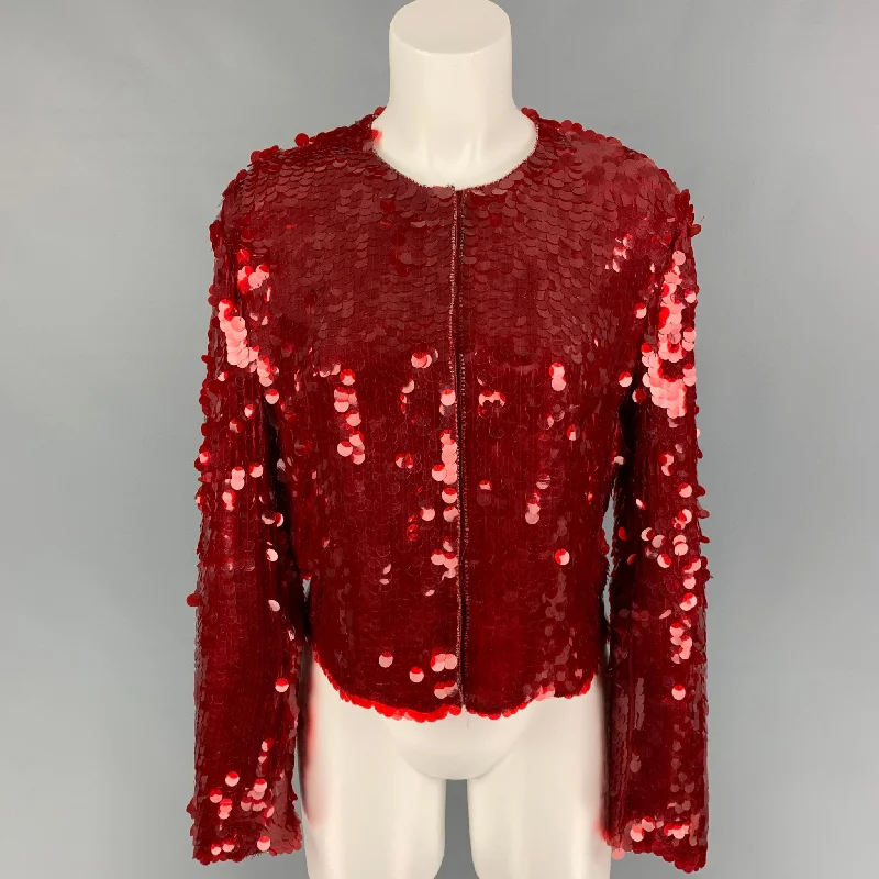 ARMANI COLLEZIONI Size 8 Red Silk Payettes Snaps Jacket Faux Fur Jacket Real Fur Jacket Shearling Jacket ARMANI COLLEZIONI Size 8 Red Silk Payettes Snaps Jacket Faux Fur Jacket Real Fur Jacket Shearling Jacket