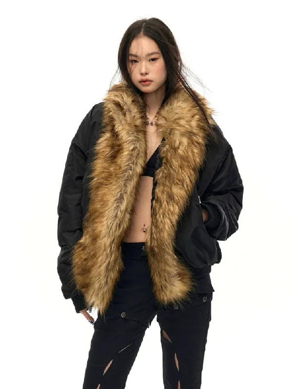 Big Fur Collar Wide Flight Jacket Print Jacket Jacquard Jacket Patchwork Jacket