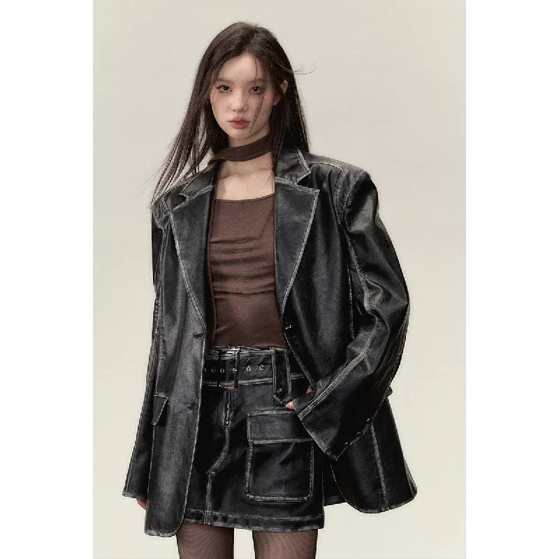 Black Distressed Leather Jacket Tailored Jacket Straight Jacket A-Line Jacket