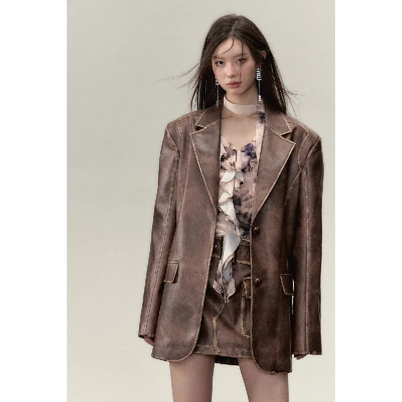 Brown Distressed Leather Jacket Toggled Jacket Drawstring Jacket Belted Jacket