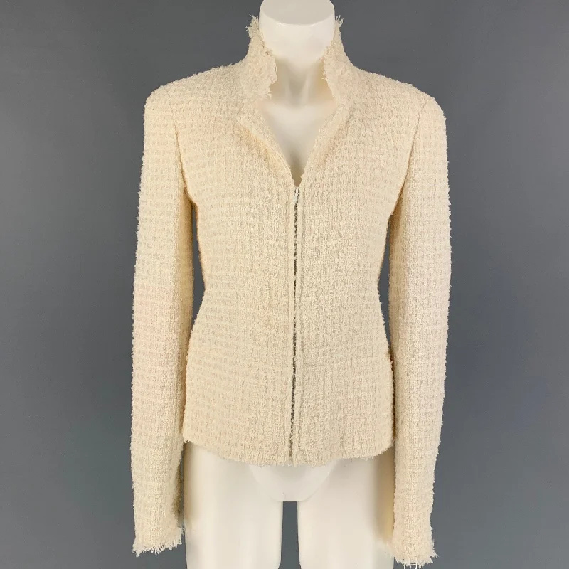 CHANEL 2004 Size 6 Cream Boucle Polyamide Bend Zip Up Jacket Notch Collar Jacket Peter Pan Collar Jacket Cowl Neck Jacket CHANEL 2004 Size 6 Cream Boucle Polyamide Bend Zip Up Jacket Notch Collar Jacket Peter Pan Collar Jacket Cowl Neck Jacket