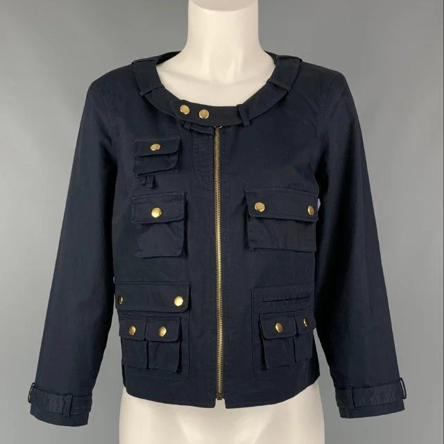 CHRIS BENZ Size 6 Navy Cotton Solid Jacket Front Pockets Side Pockets Patch Pockets