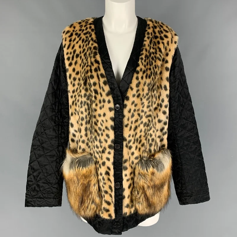 DRIES VAN NOTEN Size 4 Black Beige Faux Fur Quilted Vantom Jacket Striped Jacket Polka Dot Jacket Floral Jacket DRIES VAN NOTEN Size 4 Black Beige Faux Fur Quilted Vantom Jacket Striped Jacket Polka Dot Jacket Floral Jacket