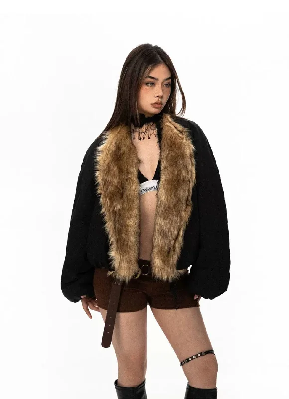 Fur Collar Wide Flight Jacket Zip Front Button Front Snap Front