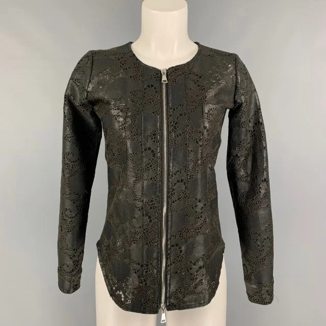 GIORGIO BRATO Size 4 Black Lace Perforated Zip Up Jacket Blazer Front Pockets Side Pockets Patch Pockets GIORGIO BRATO Size 4 Black Lace Perforated Zip Up Jacket Blazer Front Pockets Side Pockets Patch Pockets