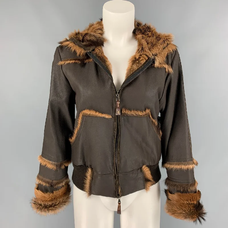 HENRY BEGUELIN Size 4 Brown & Tan Chamois Leather Hoodie Zip-Up Jacket Chenille Jacket Brocade Jacket Lace Jacket HENRY BEGUELIN Size 4 Brown & Tan Chamois Leather Hoodie Zip-Up Jacket Chenille Jacket Brocade Jacket Lace Jacket