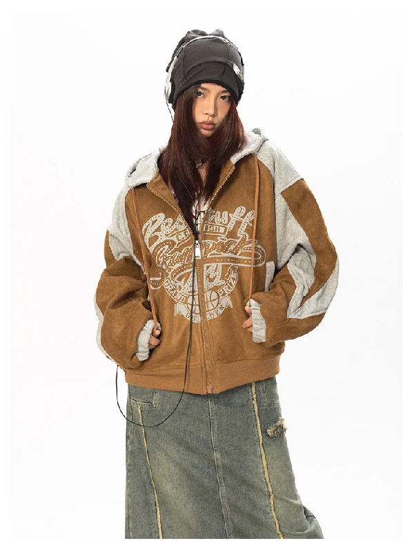 Hooded Print Short Suede Jacket Embroidered Jacket Appliqued Jacket Beaded Jacket