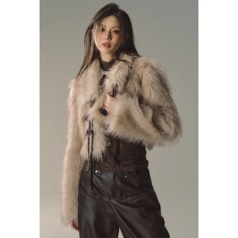 Khaki Fluffy Jacket With Horn Toggle Button Welt Pockets Slit Pockets Flap Pockets