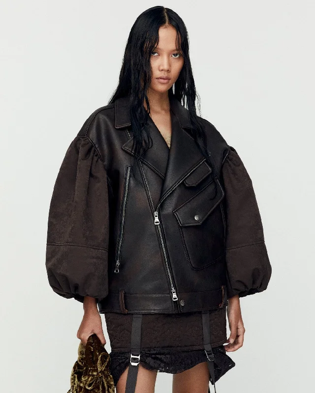 MAEVE PUFF SLEEVES LEATHER JACKET awa663w(BROWN) Boat Neck Shawl Collar Notched Collar