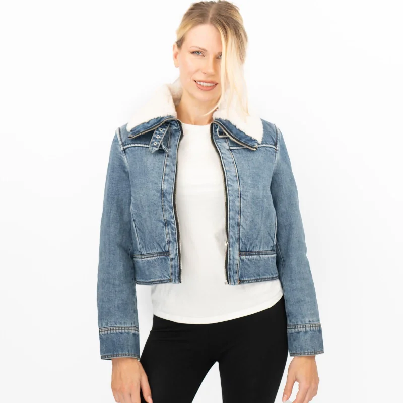 Mango Womens Shearling Denim Jacket Striped Jacket Polka Dot Jacket Floral Jacket