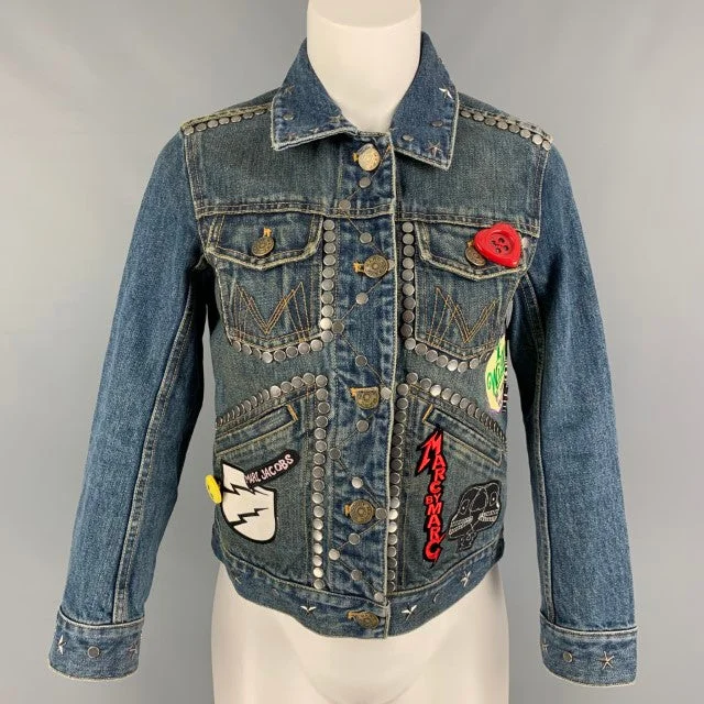 MARC JACOBS Size XS Indigo Denim Studded Smashing Starlets Cropped Jacket Oversized Jacket Tailored Jacket Straight Jacket MARC JACOBS Size XS Indigo Denim Studded Smashing Starlets Cropped Jacket Oversized Jacket Tailored Jacket Straight Jacket