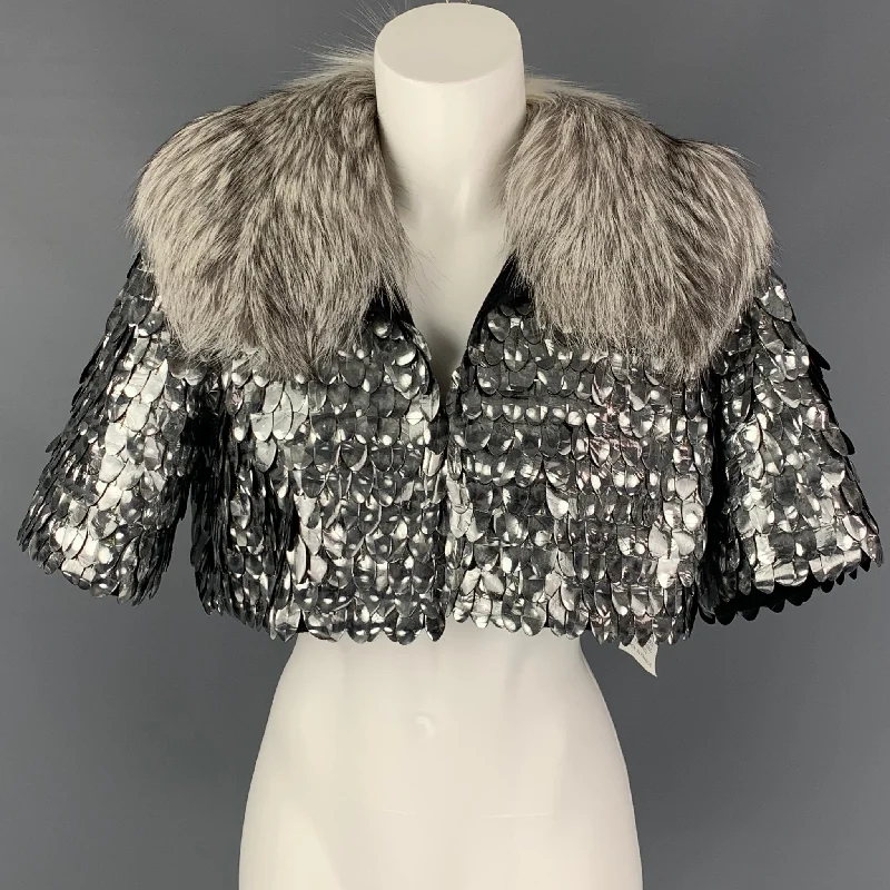 MARC JACOBS Size 6 Silver & Black Wool Blend Fox Fur Collar Cropped Jacket Cardigan Sweater Pullover MARC JACOBS Size 6 Silver & Black Wool Blend Fox Fur Collar Cropped Jacket Cardigan Sweater Pullover