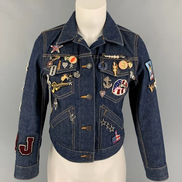 MARC JACOBS Size S Indigo Denim Contrast Stitch Pin Charms Sequin Mermaid Jacket Chenille Jacket Brocade Jacket Lace Jacket MARC JACOBS Size S Indigo Denim Contrast Stitch Pin Charms Sequin Mermaid Jacket Chenille Jacket Brocade Jacket Lace Jacket