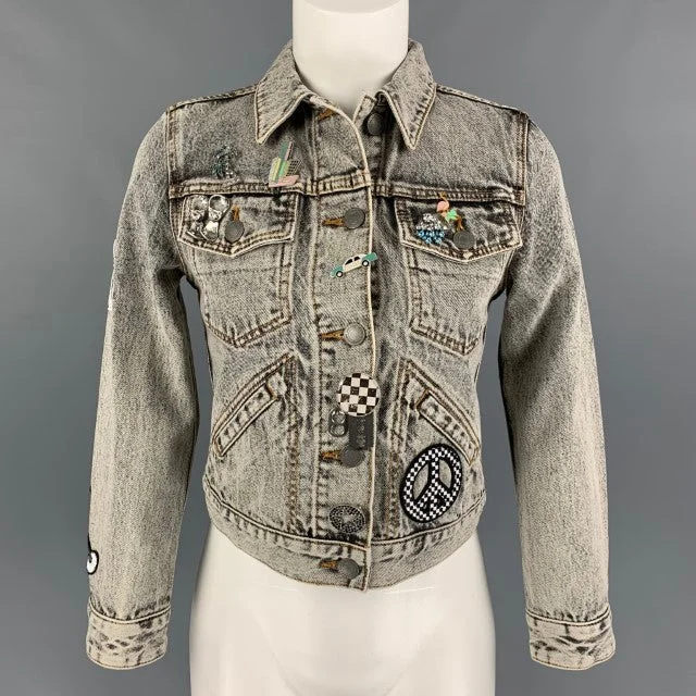 MARC JACOBS Size XS Black Acid-Wash Denim Paradise Cropped Jacket Welt Pockets Slit Pockets Flap Pockets MARC JACOBS Size XS Black Acid-Wash Denim Paradise Cropped Jacket Welt Pockets Slit Pockets Flap Pockets