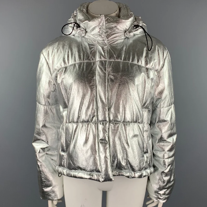 MSGM Size XL Silver Polyester Snap Button Hooded Jacket Jersey Jacket Tulle Jacket Batik Jacket MSGM Size XL Silver Polyester Snap Button Hooded Jacket Jersey Jacket Tulle Jacket Batik Jacket