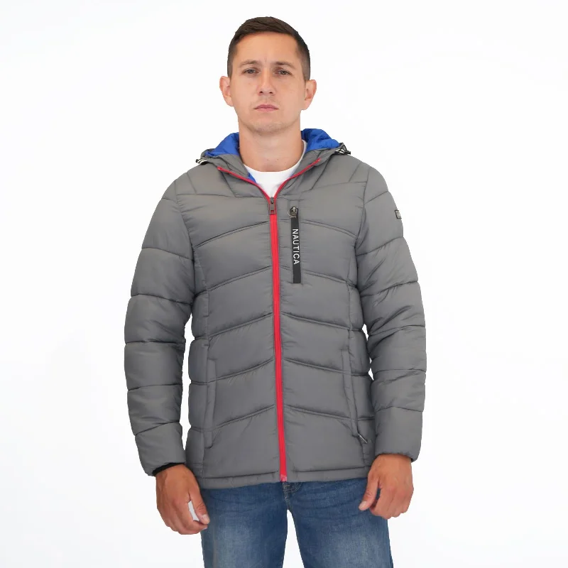 Nautica Mens Performance N83 Hooded Puffer Jacket Grey Cotton Fabric Linen Fabric Terry Fabric Nautica Mens Performance N83 Hooded Puffer Jacket Grey Cotton Fabric Linen Fabric Terry Fabric