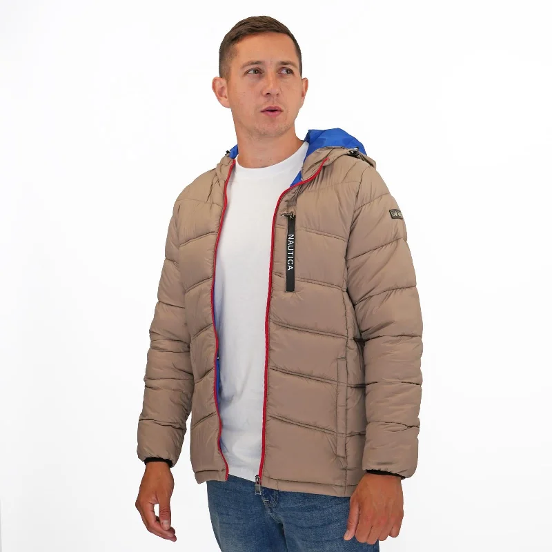 Nautica Mens Performance N83 Hooded Puffer Jacket Tan Welt Pockets Slit Pockets Flap Pockets Nautica Mens Performance N83 Hooded Puffer Jacket Tan Welt Pockets Slit Pockets Flap Pockets