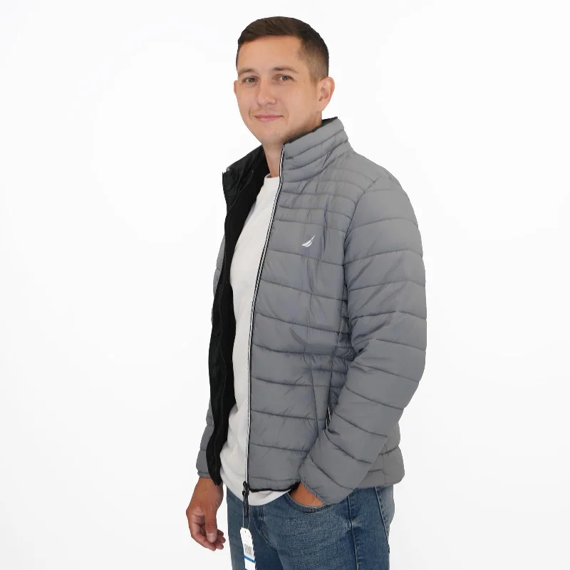 Nautica Performance Double Zip Puffer Jacket Grey Front Pockets Side Pockets Patch Pockets Nautica Performance Double Zip Puffer Jacket Grey Front Pockets Side Pockets Patch Pockets