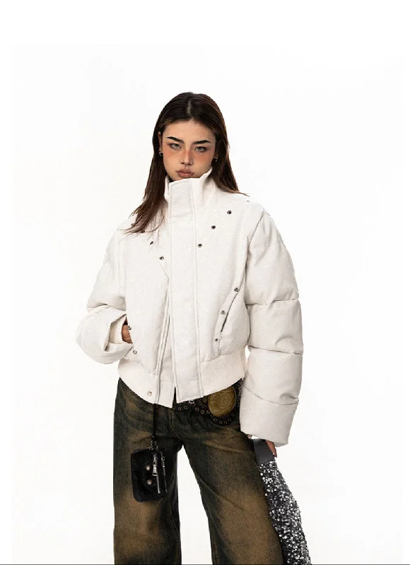 Perforated Eyelet Short Pu Leather Jacket Fleece Fabric Down Fabric Feather Fabric