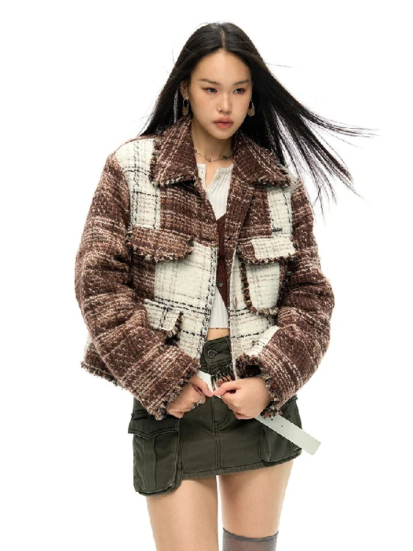 Plaid Splicing Tweed Jacket Satin Jacket Silk Jacket Chiffon Jacket
