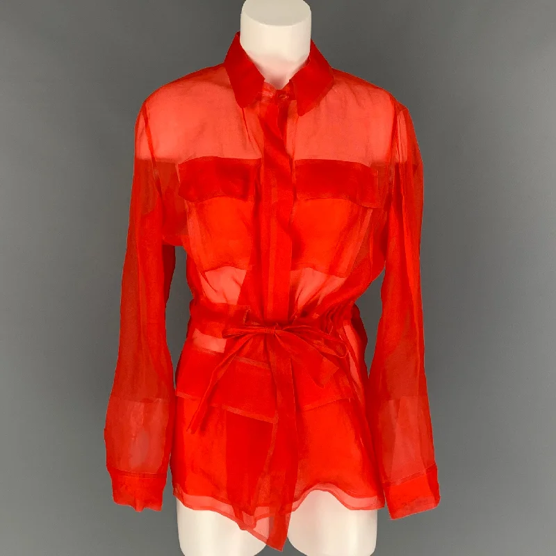 RALPH LAUREN Purple Label Size S Red See Through Silk Lightweight Belted Jacket Stand-Up Collar Roll-Neck Collar Turtle Neck RALPH LAUREN Purple Label Size S Red See Through Silk Lightweight Belted Jacket Stand-Up Collar Roll-Neck Collar Turtle Neck
