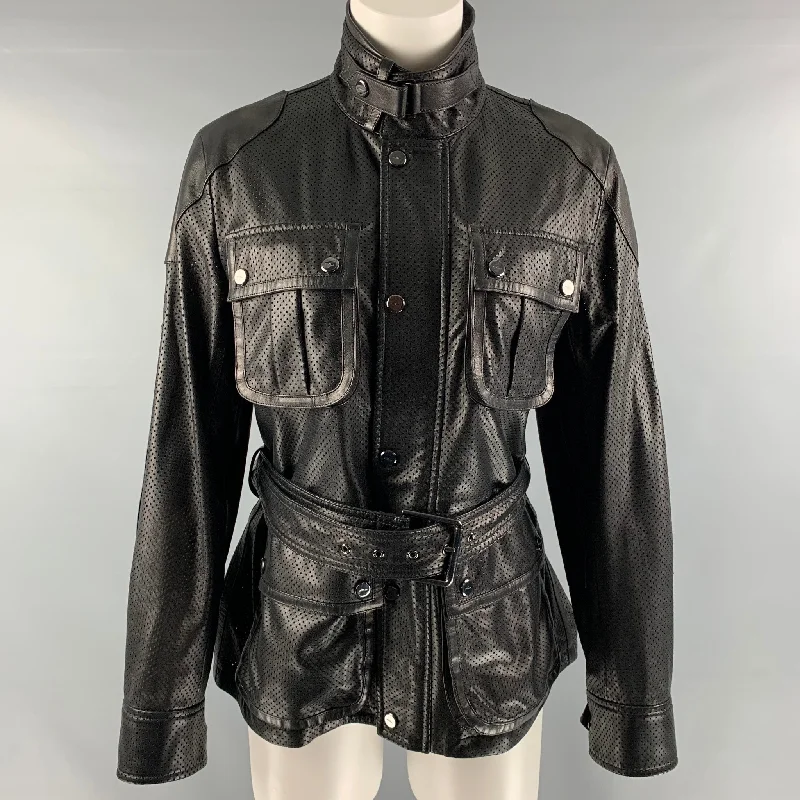 RALPH LAUREN Size 6 Black Perforated Lamb Leather Safari Jacket Bomber Jacket Anorak Windbreaker RALPH LAUREN Size 6 Black Perforated Lamb Leather Safari Jacket Bomber Jacket Anorak Windbreaker