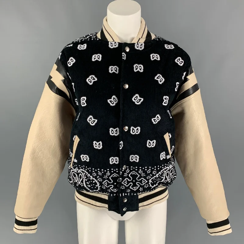 RHUDE SS 22 Size S Black Cream Cotton Embroidered Leather Bomber Jacket Cardigan Sweater Pullover RHUDE SS 22 Size S Black Cream Cotton Embroidered Leather Bomber Jacket Cardigan Sweater Pullover