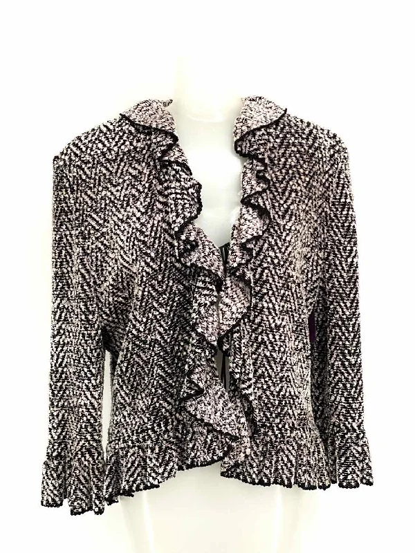 ST. JOHN COLLECTION Women's Black/Ivory Ruffled Size 12 Jacket Satin Jacket Silk Jacket Chiffon Jacket ST. JOHN COLLECTION Women's Black/Ivory Ruffled Size 12 Jacket Satin Jacket Silk Jacket Chiffon Jacket