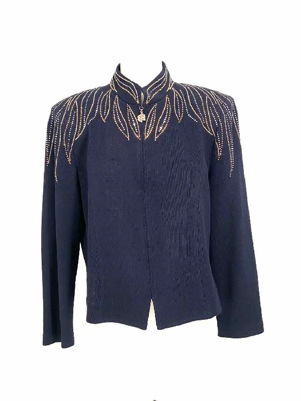 ST. JOHN EVENING Women's Navy Mock Neck Embellished Size 10 Jacket Herringbone Jacket Houndstooth Jacket Plaid Jacket